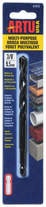 ARTU 01472 Drill Bit, 3/8 in Dia, 5-1/4 in OAL, Multi-Purpose, Parabolic Flute, Quick-Connect Shank