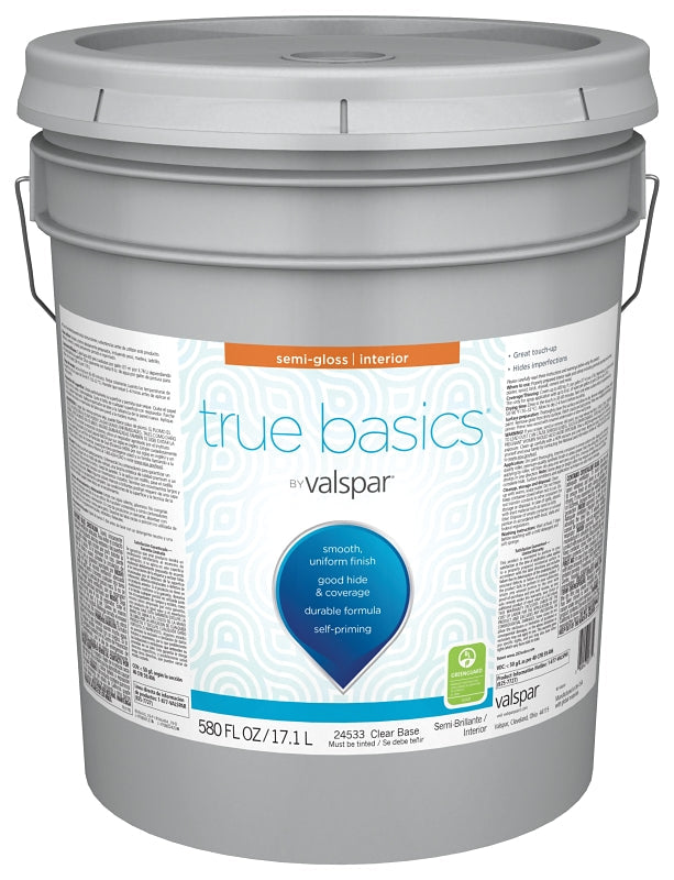 Valspar True Basics 24530 Series 080.0024533.008 Interior Paint, Semi-Gloss Sheen, Clear, 5 gal, 400 sq-ft Coverage Area