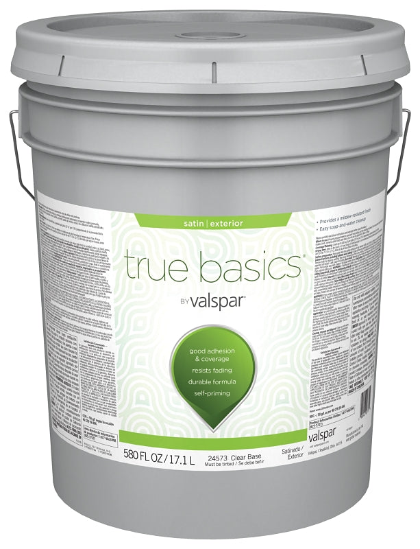 Valspar TRUE Basics 24570 Series 080.0024573.008 Exterior Paint, Satin, Clear Base, 5 gal