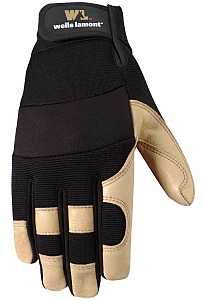 Wells Lamont 3214-L Adjustable Work Gloves, Men's, L, Reinforced Thumb, Spandex Back, Black/Brown/Tan