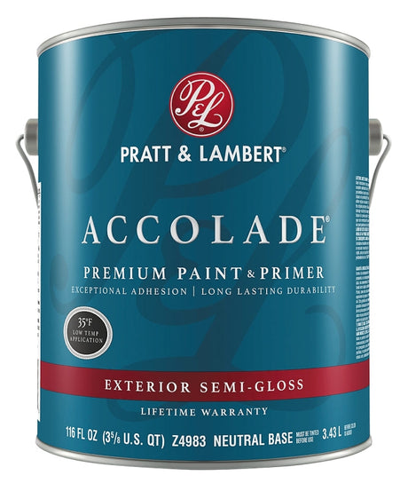 Pratt & Lambert Accolade Z4900 0000Z4983-16 Exterior Premium Paint and Primer, Semi-Gloss, Neutral Base, 1 gal Pack of 4