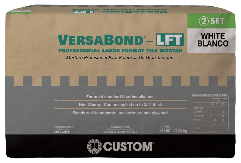 Custom VersaBond Series VBLFTMW50 Tile Mortar, White, Solid, 50 lb, Bag