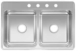 Kindred CDLA3322-6-4N Two Bowl Kitchen Sink, 4-Faucet Hole, 33 in OAW, 22 in OAD, Stainless Steel, Top