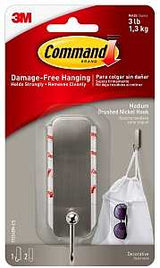 Command 17034BN-ES Medium Decorative Hook, 1 in W, Metal/Plastic, Brushed Nickel, 3 lb, Pack of 4