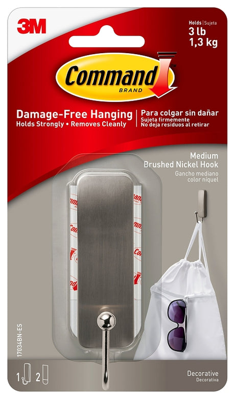 Command 17034BN-ES Medium Decorative Hook, 1 in W, Metal/Plastic, Brushed Nickel, 3 lb, Pack of 4