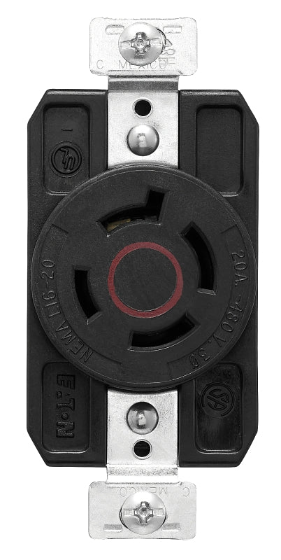 Arrow Hart AHCL1620R Locking Single Receptacle, 3 -Pole, 480 VAC, 20 A, Back and Side Wiring, NEMA: NEMA L16-20