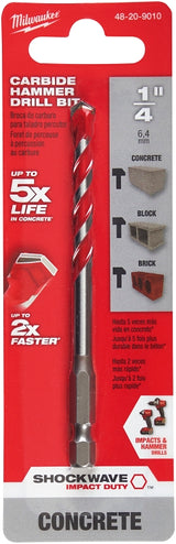 Milwaukee SHOCKWAVE 48-20-9010 Drill Bit, 1/4 in Dia, 4 in OAL, Wide Flute, 1/4 in Dia Shank, Hex Shank, Pack of 3