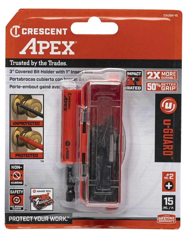 Crescent APEX u-GUARD CAUGK-15 Bit Holder, 1/4 in Drive, Phillips Drive, 1/4 in Shank, Hex Shank, Plastic/Steel