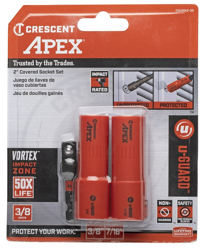 Crescent u-GUARD Series CAUGK2-32 Socket Set, Steel, Includes: (1) 3/8 in Drive Vortex Socket AdapterBlack Oxide