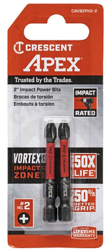 Crescent APEX Vortex CAVB2PH2-2 Impact Power Bit, #2 Drive, Phillips Drive, 1/4 in Shank, Hex Shank, 2 in L, Steel, Pack of 4