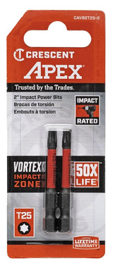 Crescent APEX Vortex CAVB2T25-2 Impact Power Bit, T25 Drive, Torx Drive, 1/4 in Shank, Hex Shank, 2 in L, Steel, Pack of 4