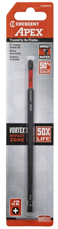 Crescent APEX Vortex CAVB6PH2 Impact Power Bit, #2 Drive, Phillips Drive, 1/4 in Shank, Hex Shank, 6 in L, Steel, Pack of 4