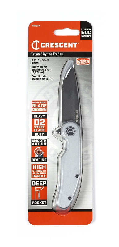 Crescent CPK325A Pocket Knife, 3-1/4 in L Blade, 1 in W Blade, D2 Steel Blade, Straight, Ergonomic Handle, Silver Handle