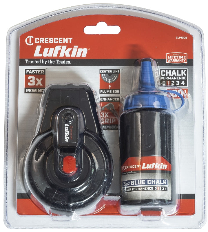 Crescent Lufkin CLP100B Chalk Reel, 3 oz Chalk Capacity, 100 ft L Line, Gear Rewind, 3:1 Gear Ratio, Blue