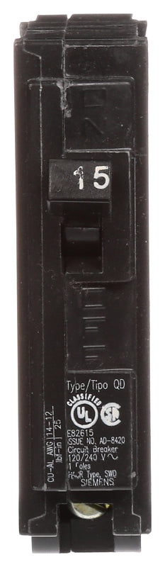 Siemens D115 Circuit Breaker, Low Voltage, QD, 15 A, 1 -Pole, 120 VAC, Plug Mounting