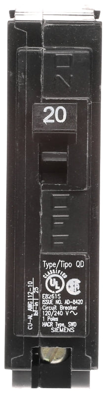 Siemens D120 Circuit Breaker, Low Voltage, QD, 20 A, 1 -Pole, 120 VAC, Plug Mounting