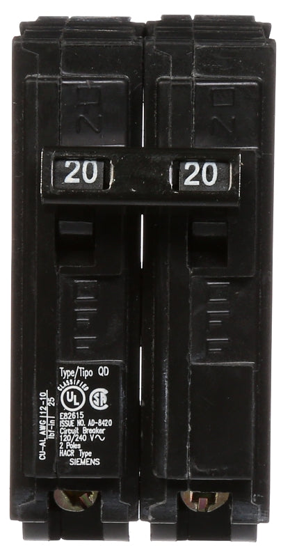 Siemens D220 Circuit Breaker, Low Voltage, QD, 20 A, 2 -Pole, 120/240 VAC, Plug Mounting