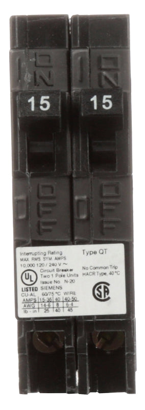 Siemens Q1515NC Circuit Breaker, QT, 15 A, 1 -Pole, 120 V, Plug Mounting