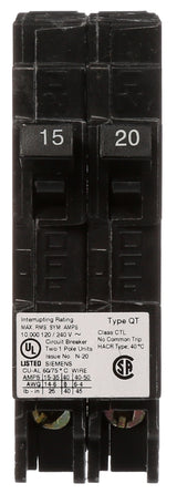 Siemens Q1520 Circuit Breaker, Type QT, 15 to 20 A, 1 -Pole, 120 V, Plug Mounting