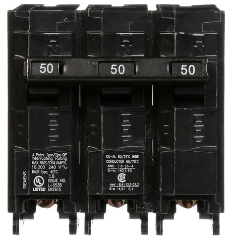 Siemens Q350 Circuit Breaker, Mini, 50 A, 3 -Pole, 240 VAC, Common Trip, Plug Mounting