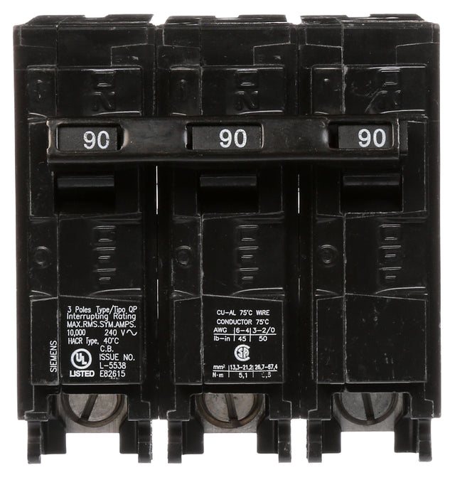 Siemens Q390 Circuit Breaker, Low Voltage, Mini, 90 A, 3 -Pole, 240 VAC, Common Trip, Plug Mounting