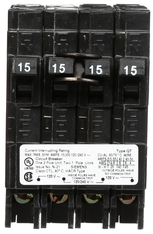 Siemens Q21515CT Circuit Breaker, Triplex, 15 A, 3 -Pole, 120/240 V, Plug Mounting