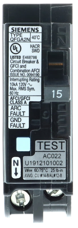 Siemens Q115DFN Circuit Breaker, AFCI, GFCI, Low Voltage, 15 A, 1 -Pole, 120 V, Plug Mounting