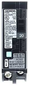 Siemens Q120DFN Circuit Breaker, AFCI, GFCI, Low Voltage, 20 A, 1 -Pole, 120 V, Plug Mounting