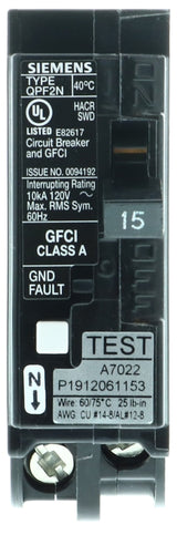 Siemens QF115AN Circuit Breaker, GFCI, Low Voltage, 15 A, 1 -Pole, 120 V, Plug Mounting