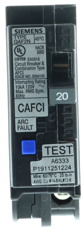 Siemens QA120AFCN Circuit Breaker, AFCI, Combination, Low Voltage, 20 A, 1 -Pole, 120 V, Plug Mounting