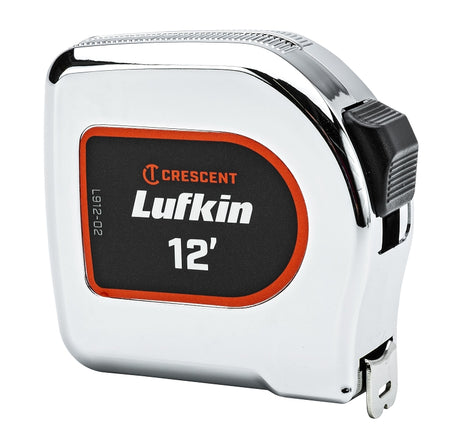 Crescent Lufkin Chrome Power Tape Series L912-02 Tape Measure, 12 ft L Blade, 1/2 in W Blade