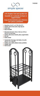 Simple Spaces T88091BK Fireplace Log & Took Rack Set, 12 in W, 29-1/4 in H, Steel Base, Powder Coated, Black