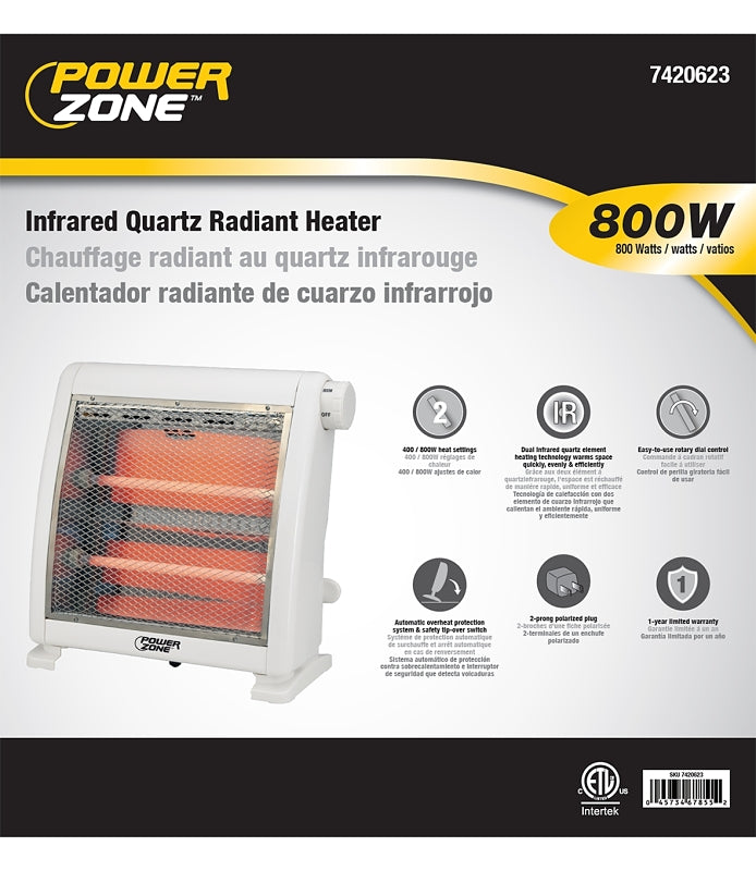 PowerZone H-5511 Infrared Quartz Radiant Heater, 12.5 A, 120 V, 400/800 W, 2-Heating Stage, White