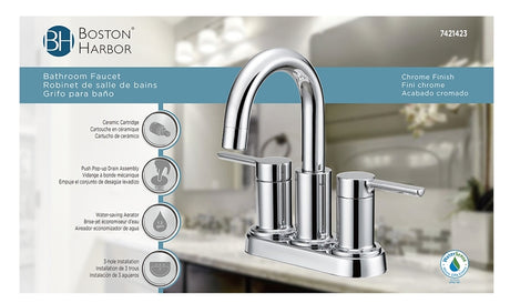 Boston Harbor TOBI22010008CP Lavatory Faucet, 1.2 gpm, 2-Faucet Handle, 3-Faucet Hole, Metal/Plastic, Chrome