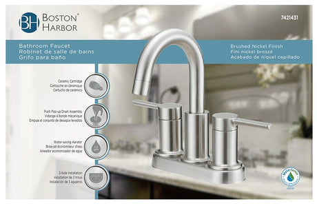 Boston Harbor TOBI22010009NP Lavatory Faucet, 1.2 gpm, 2-Faucet Handle, 3-Faucet Hole, Metal/Plastic, Brushed Nickel