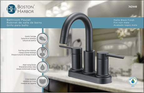 Boston Harbor TOBI22010010BL Lavatory Faucet, 1.2 gpm, 2-Faucet Handle, 3-Faucet Hole, Metal/Plastic, Matte Black