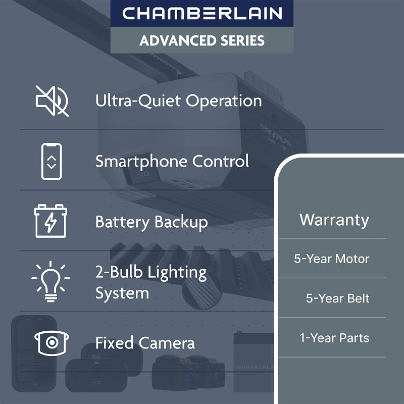 Chamberlain B4310 3/4 HP Belt Drive Smart Garage Door Opener with Fixed Camera, Battery Backup, 2-Bulb Lighting, and myQ Connectivity