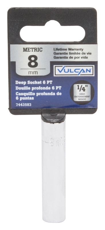 Vulcan MT6487806 Drive Socket, 8 mm Socket, 1/4 in Drive, 6-Point, Chrome Vanadium Steel, Chrome