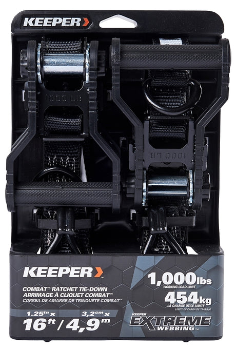 Keeper 85450 Tie-Down, 1-1/4 in W, 16 ft L, Black, 1000 lb Working Load, J-Hook End, 2/PK