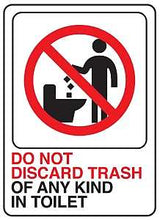 Hy-Ko D-25 Deco Sign, DO NOT DISCARD TRASH OF ANY KIND IN TOILET, White Background, Plastic, 7 in H x 5 in W Dimensions, Pack of 5