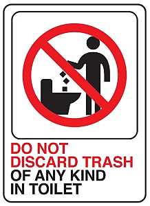 Hy-Ko D-25 Deco Sign, DO NOT DISCARD TRASH OF ANY KIND IN TOILET, White Background, Plastic, 7 in H x 5 in W Dimensions, Pack of 5