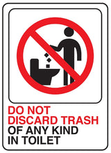 Hy-Ko D-25 Deco Sign, DO NOT DISCARD TRASH OF ANY KIND IN TOILET, White Background, Plastic, 7 in H x 5 in W Dimensions, Pack of 5