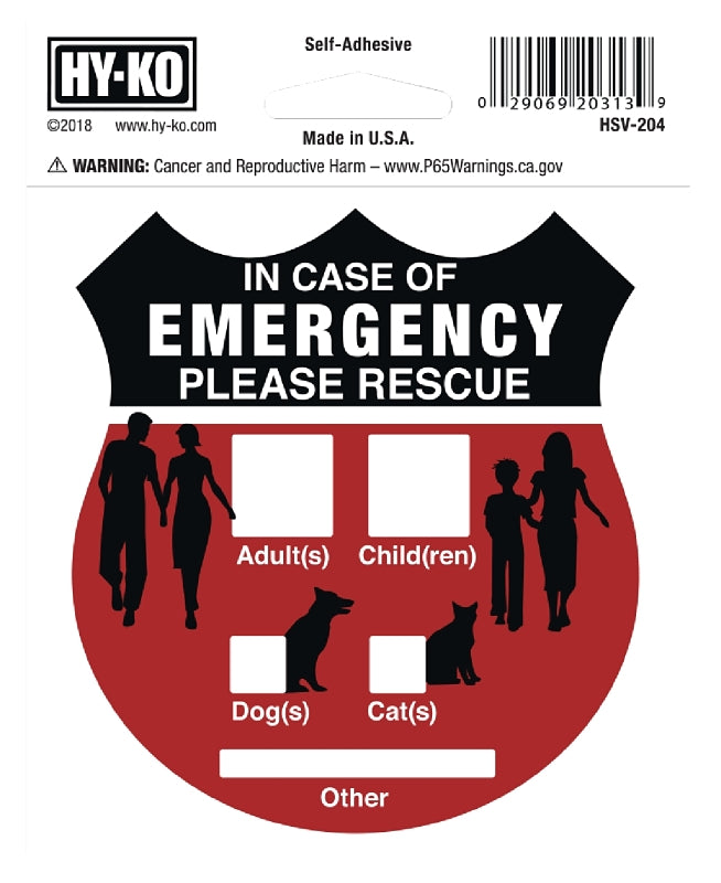 Hy-Ko HSV-204 Graphic Sign, IN CASE OF EMERGNCY PLEASE RESCUE, Silver Background, Vinyl, 4 in H x 4 in W Dimensions, Pack of 6