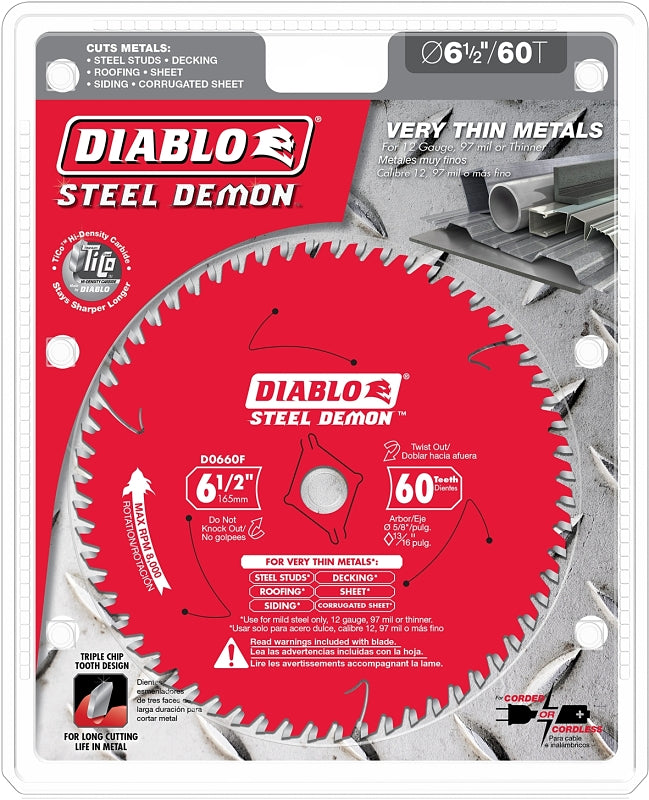 Diablo Steel Demon D0660F Saw Blade, 6-1/2 in Dia, 5/8 in Arbor, 60-Teeth, Carbide Cutting Edge