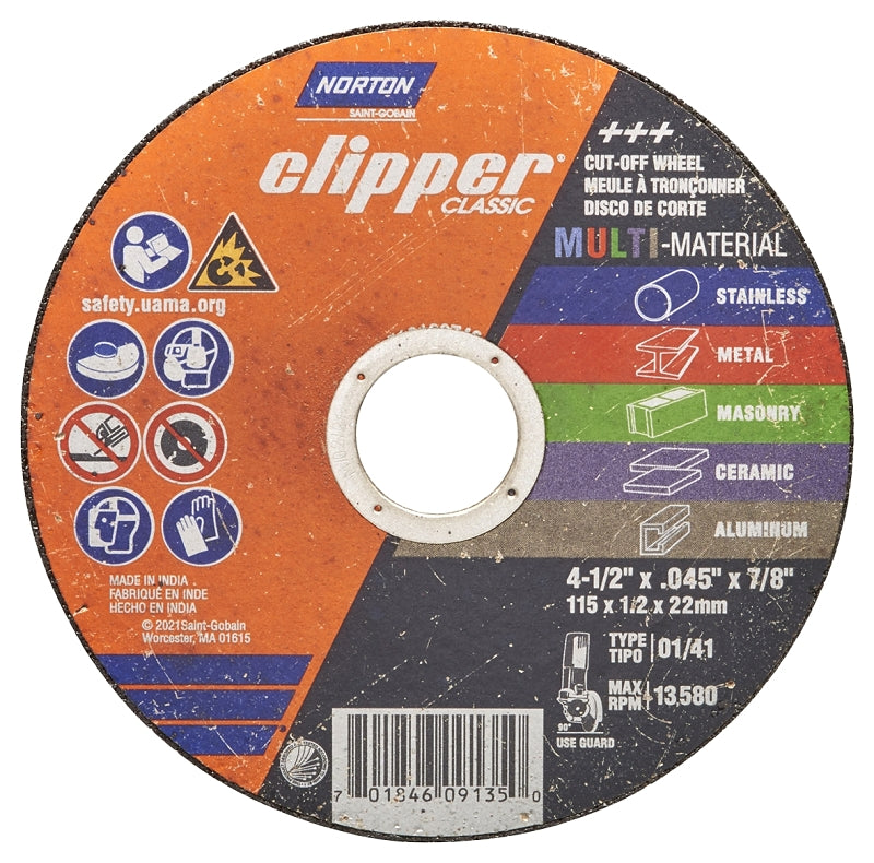 Norton Clipper Classic AC AO/SC Series 70184609135 Cut-Off Wheel, 4-1/2 in Dia, 0.045 in Thick, 7/8 in Arbor