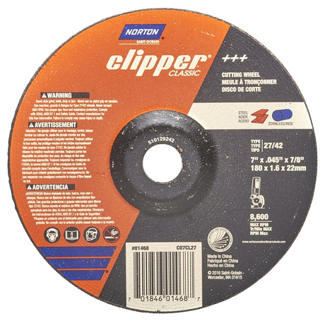 Norton Clipper Classic A AO Series 70184601468 Cut-Off Wheel, 7 in Dia, 1/16 in Thick, 7/8 in Arbor