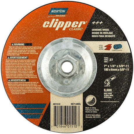 Norton Clipper Classic A AO Series 70184601510 Grinding Wheel, 7 in Dia, 1/4 in Thick, 5/8-11 Arbor