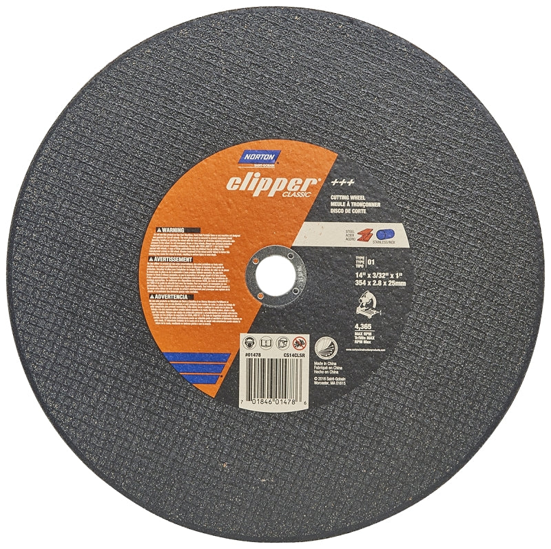 Norton Clipper Classic A AO Series 70184601478 Cut-Off Wheel, 14 in Dia, 3/32 in Thick, 1 in Arbor, 1/EA