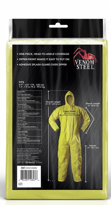 Venom Steel VENCV400 Chemical Splash Coveralls, L, XL, Unisex, Zipper, Polyethylene/Polypropylene, Yellow