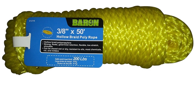 Baron 51216 Rope, 3/8 in Dia, 50 ft L, 200 lb Working Load, Polypropylene, Yellow